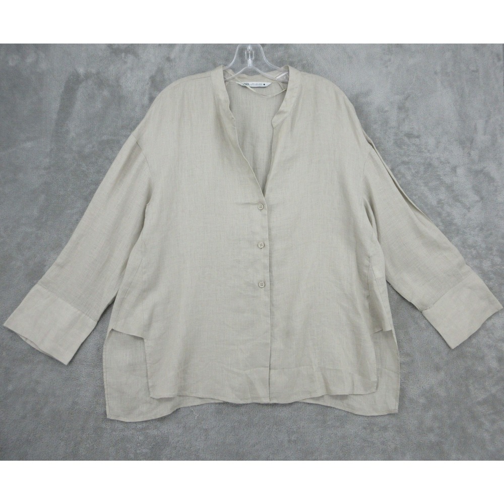 Zara Shirt Womens Size M Linen Button Front Boxy Relaxed Coastal Lagenlook Beige